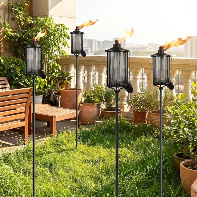 Alt view image 2 of 7 - 55-Inch Black Glass Flame Light Torches for Outside 16 oz Citronella Garden Torches with 3-Prong Grounded Stake, 4 Pack, for Yard Patio Deck Landscape