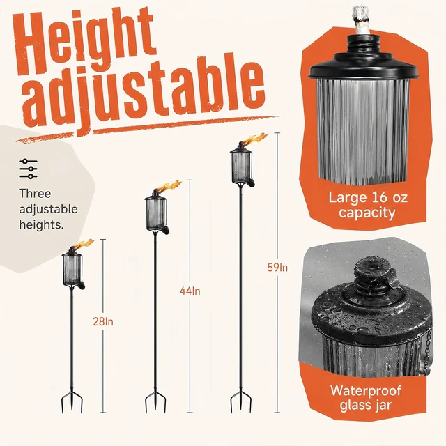 Alt view image 3 of 7 - 55-Inch Black Glass Flame Light Torches for Outside 16 oz Citronella Garden Torches with 3-Prong Grounded Stake, 4 Pack, for Yard Patio Deck Landscape
