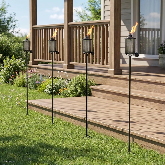 Alt view image 6 of 7 - 55-Inch Black Glass Flame Light Torches for Outside 16 oz Citronella Garden Torches with 3-Prong Grounded Stake, 4 Pack, for Yard Patio Deck Landscape