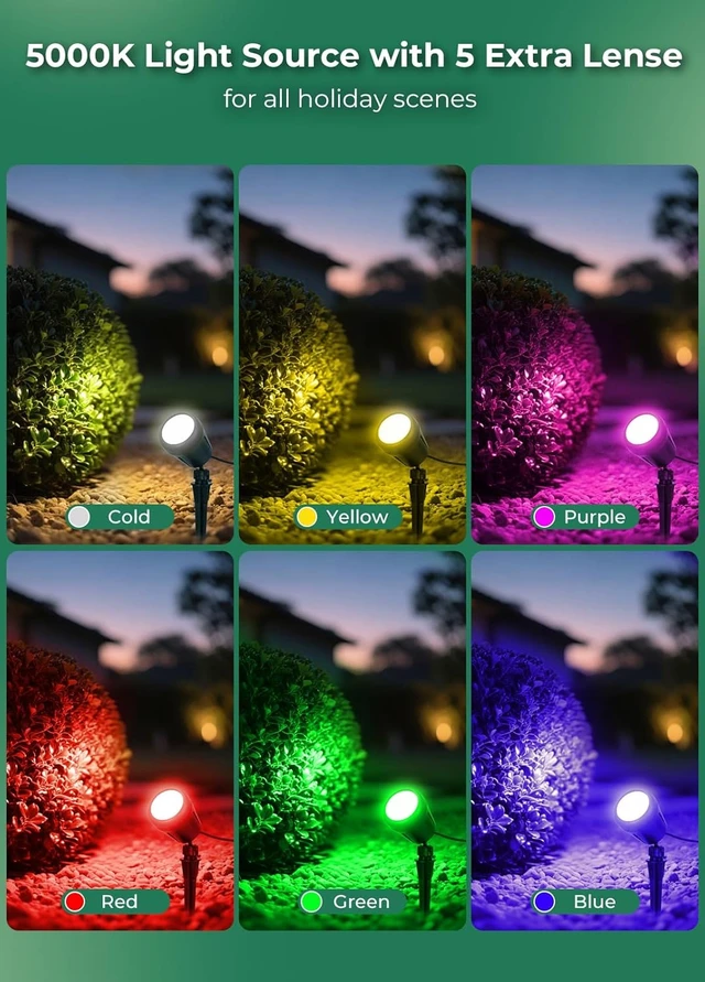 Alt view image 3 of 7 - 5000K LED Landscape Spotlights, 120V Plug-In Christmas & Halloween Outdoor Light with 5 Color Lenses (Red Green Blue Purple Yellow), IP67 Waterproof, 4 Pack