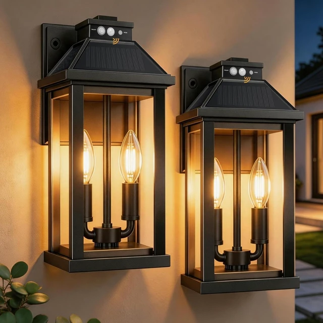 Main image of Solar Wall Lantern Lights with 3 Modes & Motion Sensor, Dusk to Dawn Waterproof Outdoor Porch Light Fixture for Garage, Shed, Yard, Garden, Front Door, 2 Pack