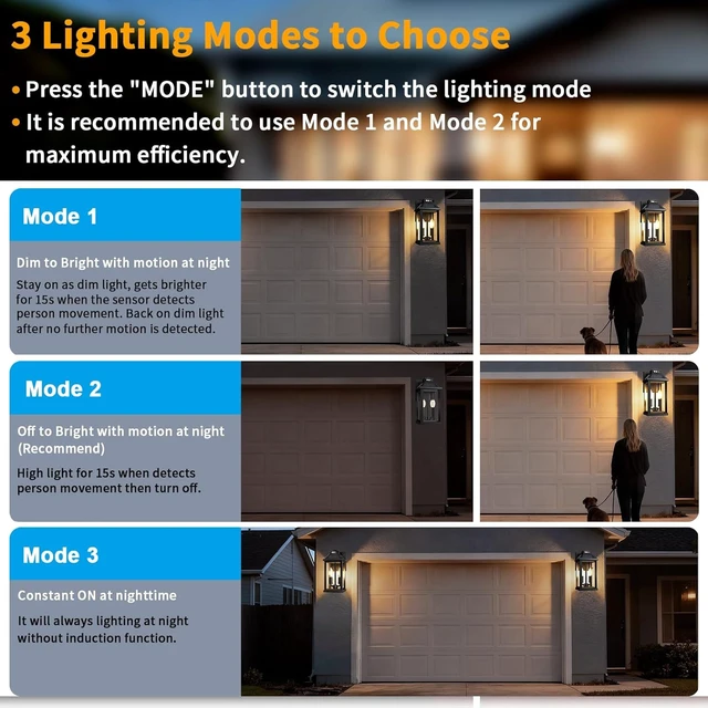 Alt view image 3 of 7 - Solar Wall Lantern Lights with 3 Modes & Motion Sensor, Dusk to Dawn Waterproof Outdoor Porch Light Fixture for Garage, Shed, Yard, Garden, Front Door, 2 Pack