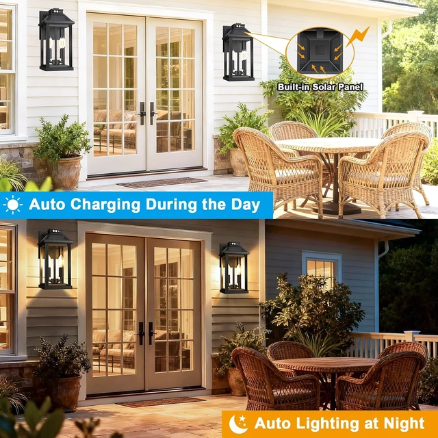 Alt view image 4 of 7 - Solar Wall Lantern Lights with 3 Modes & Motion Sensor, Dusk to Dawn Waterproof Outdoor Porch Light Fixture for Garage, Shed, Yard, Garden, Front Door, 2 Pack