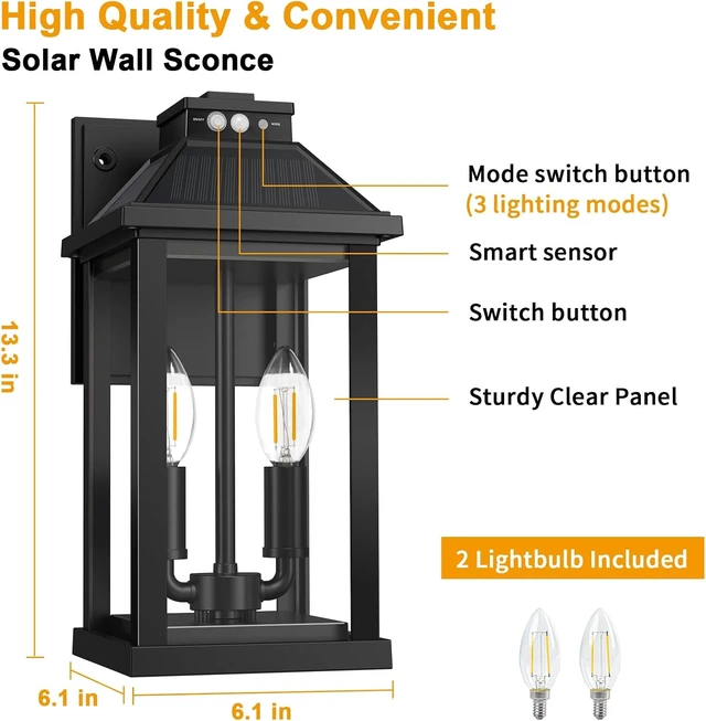 Alt view image 6 of 7 - Solar Wall Lantern Lights with 3 Modes & Motion Sensor, Dusk to Dawn Waterproof Outdoor Porch Light Fixture for Garage, Shed, Yard, Garden, Front Door, 2 Pack