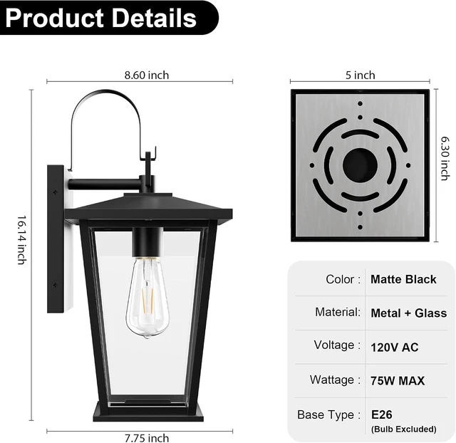 Alt view image 4 of 7 - Black Transitional Outdoor Wall Lantern Fixture, 16 1/8" Durable Metal Frame with Clear Glass for Post, Porch, Barn, Deck, Yard & Garden