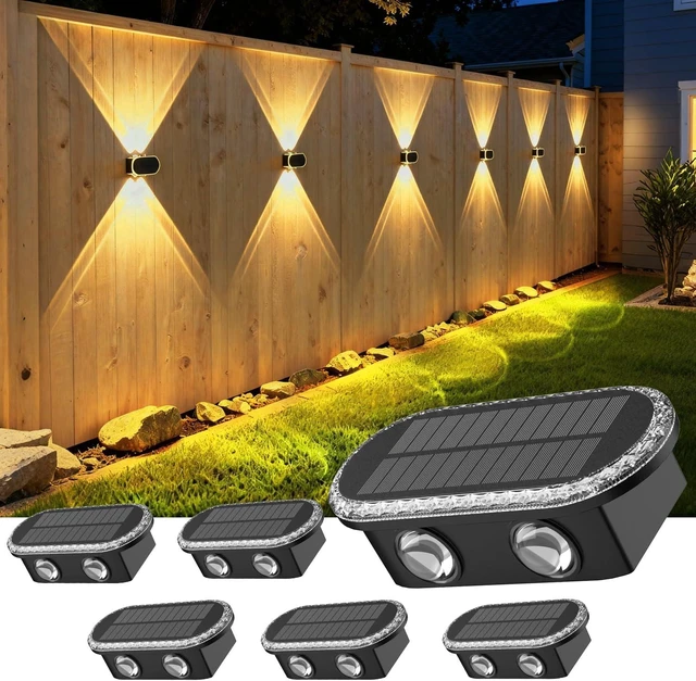 Main image of Solar Powered Fence Lights, Outdoor LED Wall Lighting with Dual Beam & 3 Color Modes, IP65 Waterproof, 12H Lasting, Easy Mount, 4 Pack