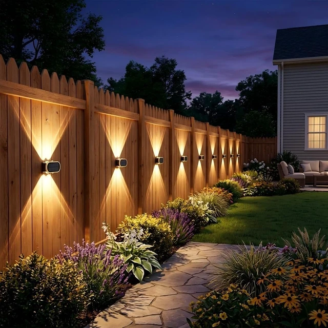 Alt view image 3 of 7 - Solar Powered Fence Lights, Outdoor LED Wall Lighting with Dual Beam & 3 Color Modes, IP65 Waterproof, 12H Lasting, Easy Mount, 4 Pack