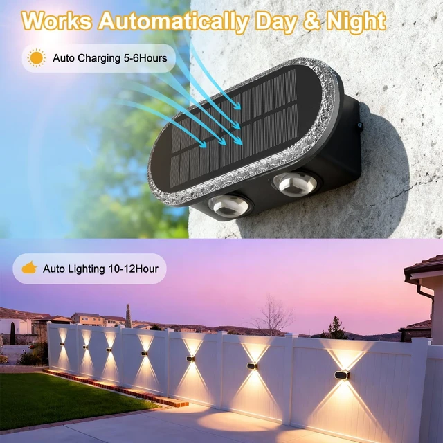 Alt view image 4 of 7 - Solar Powered Fence Lights, Outdoor LED Wall Lighting with Dual Beam & 3 Color Modes, IP65 Waterproof, 12H Lasting, Easy Mount, 4 Pack