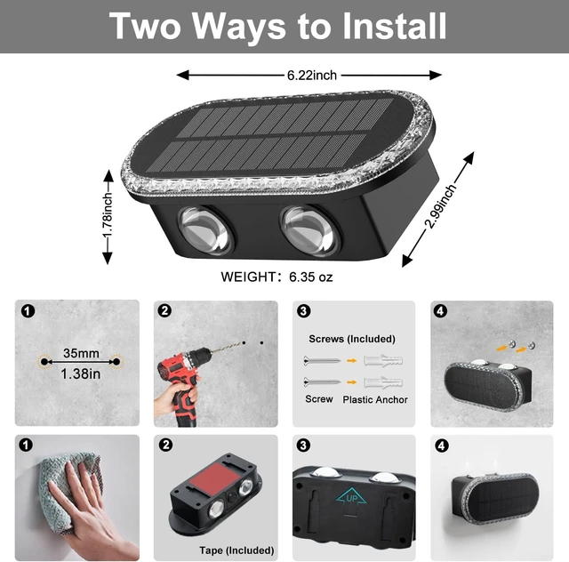 Alt view image 7 of 7 - Solar Powered Fence Lights, Outdoor LED Wall Lighting with Dual Beam & 3 Color Modes, IP65 Waterproof, 12H Lasting, Easy Mount, 4 Pack