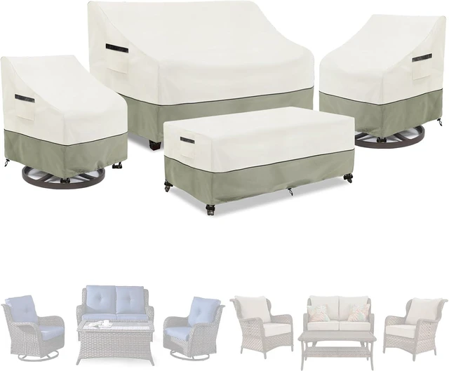 Main image of 600D Heavy-Duty Waterproof Patio Furniture Covers, 4-Piece Set for Loveseat, Swivel Rocker Chair & Coffee Table, White&Grayish Green