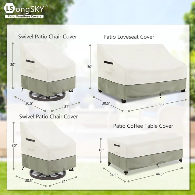 Alt view image 2 of 7 - 600D Heavy-Duty Waterproof Patio Furniture Covers, 4-Piece Set for Loveseat, Swivel Rocker Chair & Coffee Table, White&Grayish Green