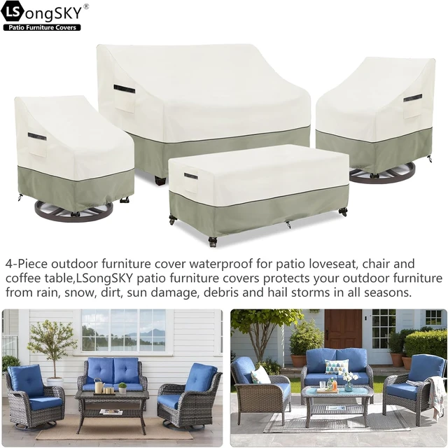 Alt view image 3 of 7 - 600D Heavy-Duty Waterproof Patio Furniture Covers, 4-Piece Set for Loveseat, Swivel Rocker Chair & Coffee Table, White&Grayish Green
