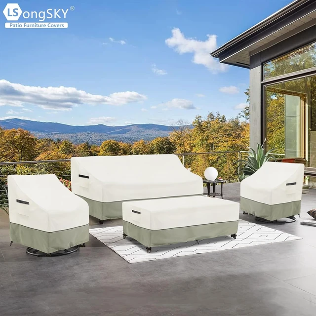 Alt view image 7 of 7 - 600D Heavy-Duty Waterproof Patio Furniture Covers, 4-Piece Set for Loveseat, Swivel Rocker Chair & Coffee Table, White&Grayish Green