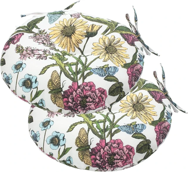 Main image of Tufted Water-Resistant Round Bistro Chair Cushions, 15"x15"x4" with Ties, Set of 2, for Barstools & Outdoor Furniture (Butterfly Flower)