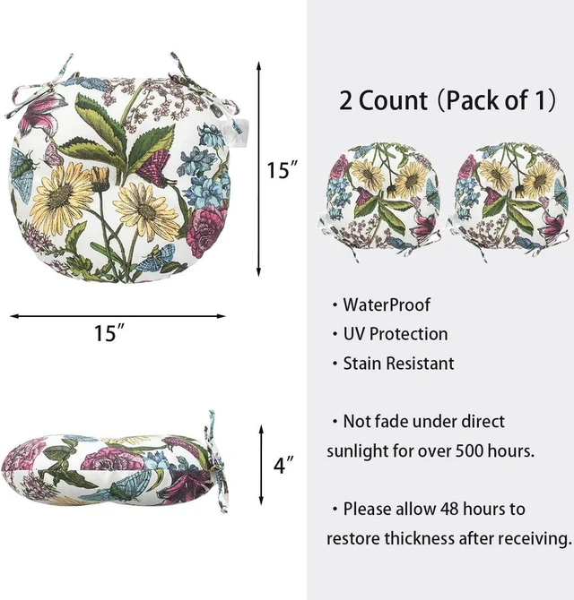 Alt view image 2 of 7 - Tufted Water-Resistant Round Bistro Chair Cushions, 15"x15"x4" with Ties, Set of 2, for Barstools & Outdoor Furniture (Butterfly Flower)