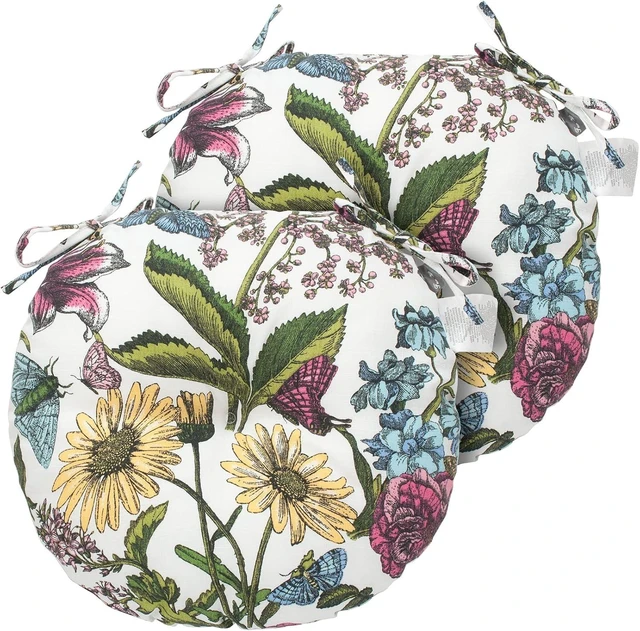 Alt view image 3 of 7 - Tufted Water-Resistant Round Bistro Chair Cushions, 15"x15"x4" with Ties, Set of 2, for Barstools & Outdoor Furniture (Butterfly Flower)