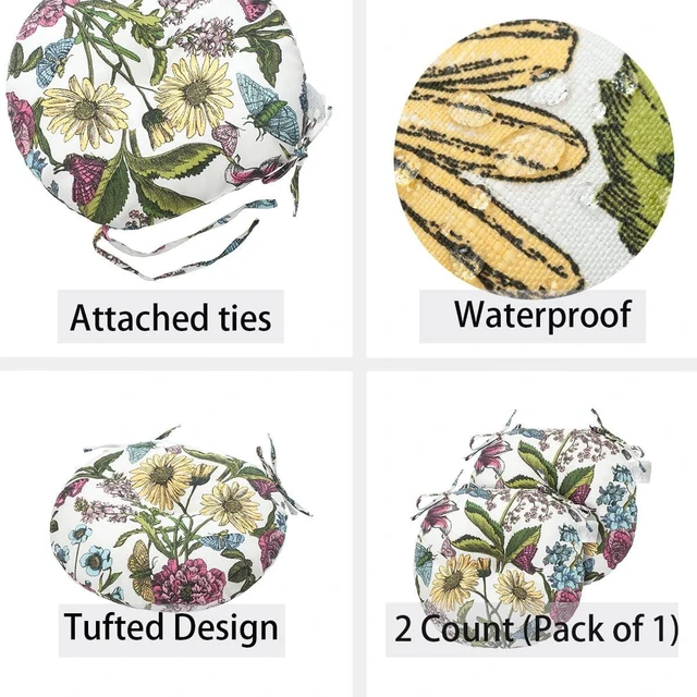 Alt view image 4 of 7 - Tufted Water-Resistant Round Bistro Chair Cushions, 15"x15"x4" with Ties, Set of 2, for Barstools & Outdoor Furniture (Butterfly Flower)