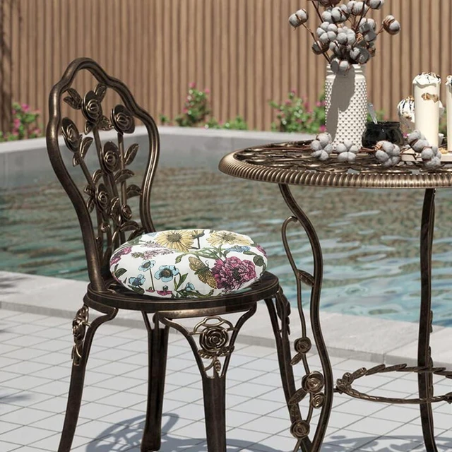 Alt view image 5 of 7 - Tufted Water-Resistant Round Bistro Chair Cushions, 15"x15"x4" with Ties, Set of 2, for Barstools & Outdoor Furniture (Butterfly Flower)