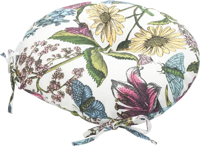 Alt view image 7 of 7 - Tufted Water-Resistant Round Bistro Chair Cushions, 15"x15"x4" with Ties, Set of 2, for Barstools & Outdoor Furniture (Butterfly Flower)
