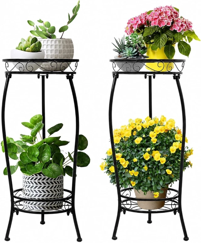 Main image of 2-Tier Heavy-Duty Metal Plant Stand, 27" Tall, Rustproof Iron Potted Flower Holder for Indoor & Outdoor Corner Garden, 2 Pack