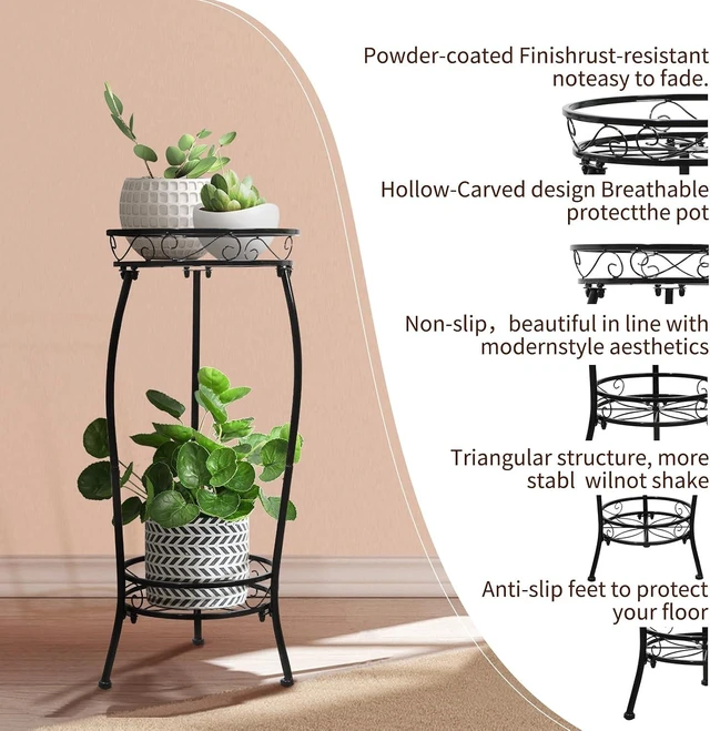 Alt view image 4 of 7 - 2-Tier Heavy-Duty Metal Plant Stand, 27" Tall, Rustproof Iron Potted Flower Holder for Indoor & Outdoor Corner Garden, 2 Pack