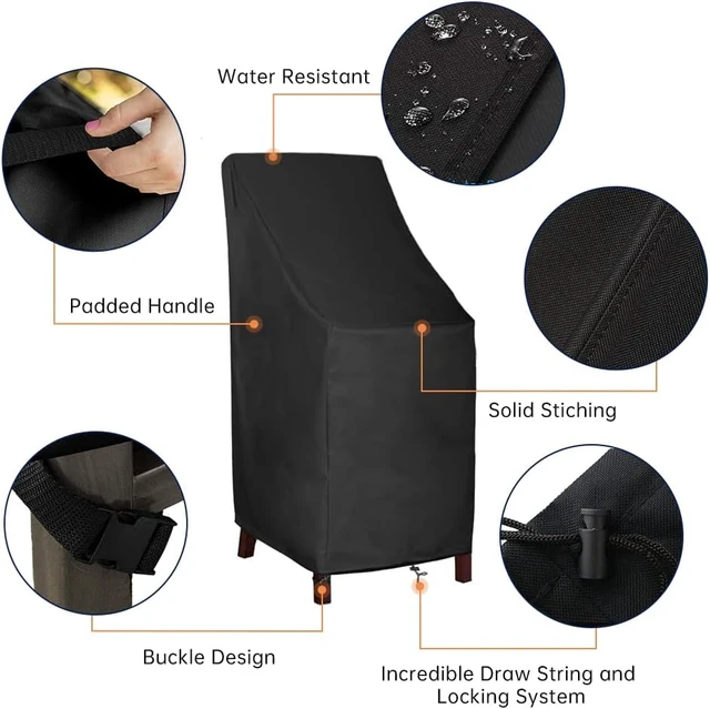 Alt view image 4 of 7 - 600D Heavy-Duty Waterproof High Back Patio Chair Covers for 4-6 Stackable Dining Chairs, 27"W x 27"D x 49"H, 1 Pack