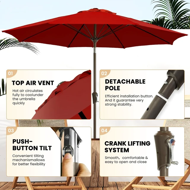 Alt view image 2 of 7 - 9 FT Fiberglass Outdoor Table Umbrella for Poolside, Red