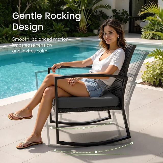 Alt view image 2 of 7 - All-Weather 3-Piece Rattan Rocking Bistro Set Wicker Patio Conversation Furniture for Balcony, Porch, Garden & Poolside, Medium Gray