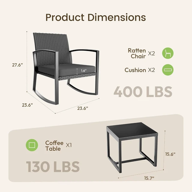Alt view image 6 of 7 - All-Weather 3-Piece Rattan Rocking Bistro Set Wicker Patio Conversation Furniture for Balcony, Porch, Garden & Poolside, Medium Gray