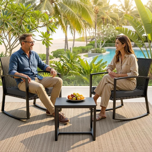 Alt view image 7 of 7 - All-Weather 3-Piece Rattan Rocking Bistro Set Wicker Patio Conversation Furniture for Balcony, Porch, Garden & Poolside, Medium Gray