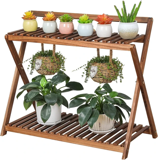 Main image of 2-Tier Wood Hanging Plant Stand Shelf for Multiple Indoor Plants