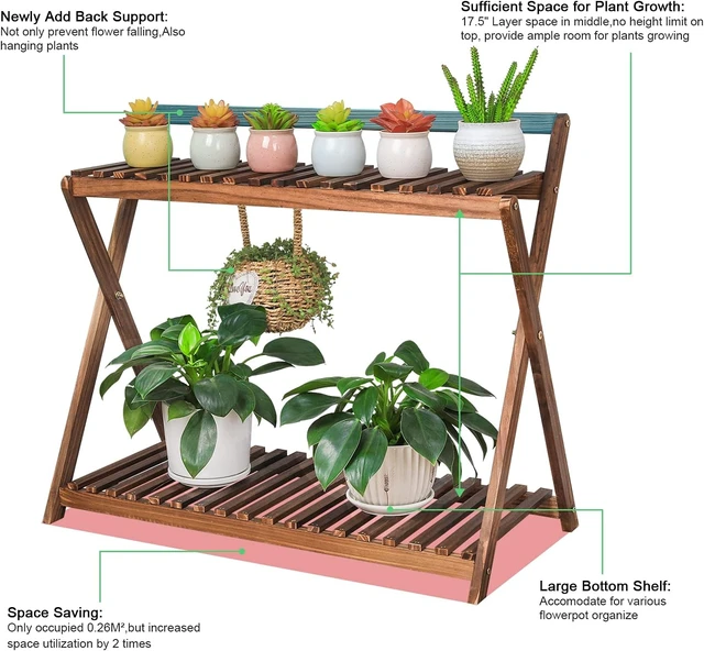 Alt view image 3 of 7 - 2-Tier Wood Hanging Plant Stand Shelf for Multiple Indoor Plants