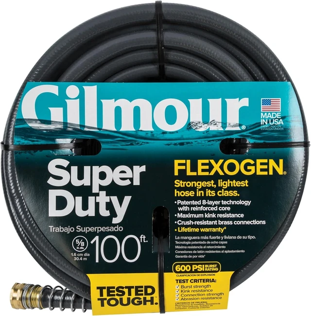 Main image of Flexogen Heavy-Duty Garden Hose, 5/8 in x 100 ft, 8-Layer Kink-Resistant Design with Leak-Proof Brass Couplings, 500 PSI, Made in USA