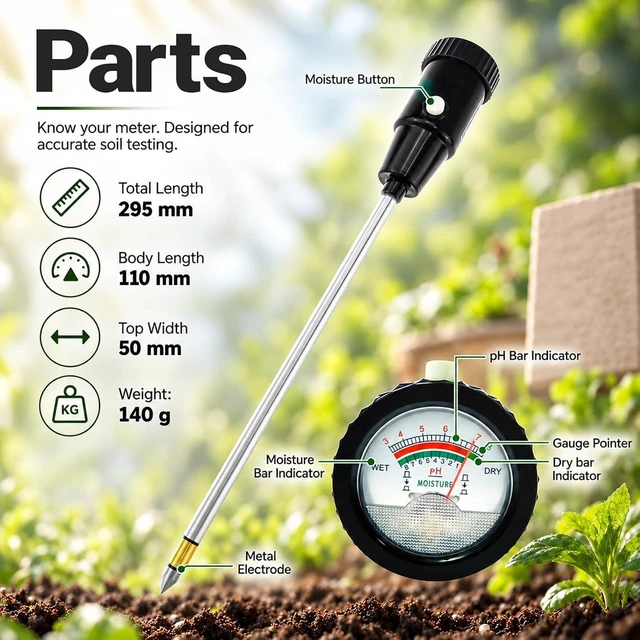 Alt view image 7 of 7 - 295mm Soil pH & Moisture Meter, 2-in-1 Tester Kit for Plants, Trees, Garden, Lawn, Farm, Indoor & Outdoor Use