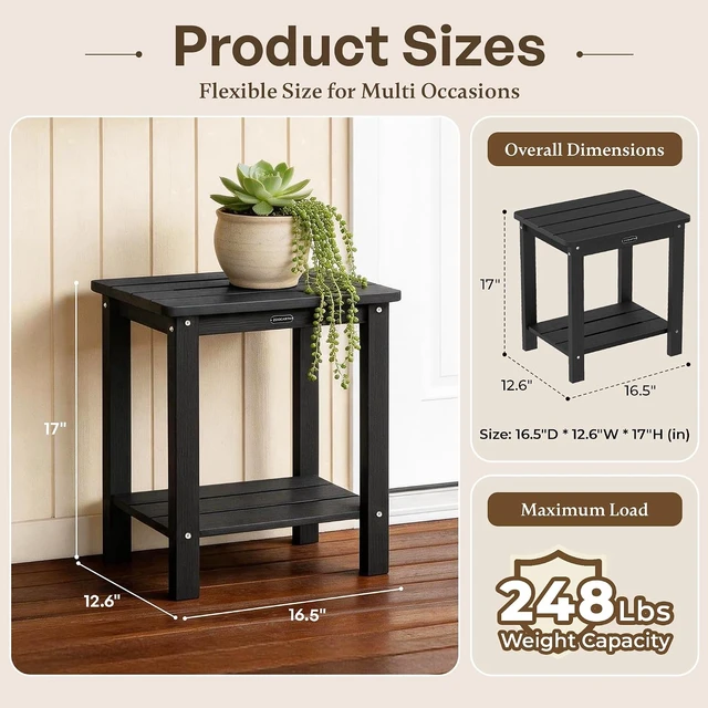Alt view image 3 of 7 - Black Adirondack Square Outdoor Side Table with 2-Tier Storage