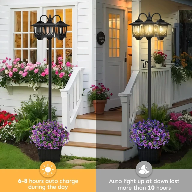Alt view image 2 of 7 - 74" 3-Head Solar Lamp Post Light with Planter