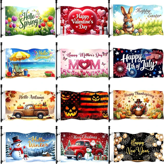 Main image of Large Seasonal Garden Flags, 3 x 5 Ft Double-Sided Outdoor Yard Flags, Set of 12
