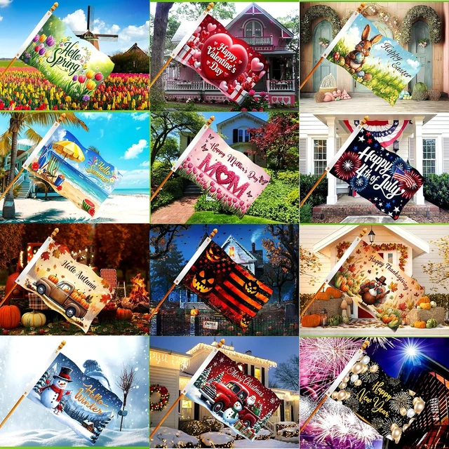 Alt view image 5 of 5 - Large Seasonal Garden Flags, 3 x 5 Ft Double-Sided Outdoor Yard Flags, Set of 12
