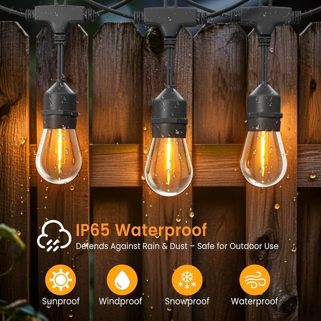Alt view image 2 of 7 - 48ft Outdoor String Lights, 24+2 Commercial-Grade IP65 Waterproof Bulbs, 2700K Warm White, 3 Modes, Remote & Timer with 30 Cable Ties