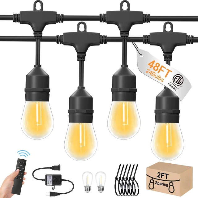 Main image of 48ft Outdoor String Lights, 24+2 Commercial-Grade IP65 Waterproof Bulbs, 2700K Warm White, 3 Modes, Remote & Timer with 30 Cable Ties