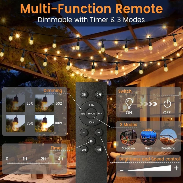 Alt view image 4 of 7 - 48ft Outdoor String Lights, 24+2 Commercial-Grade IP65 Waterproof Bulbs, 2700K Warm White, 3 Modes, Remote & Timer with 30 Cable Ties
