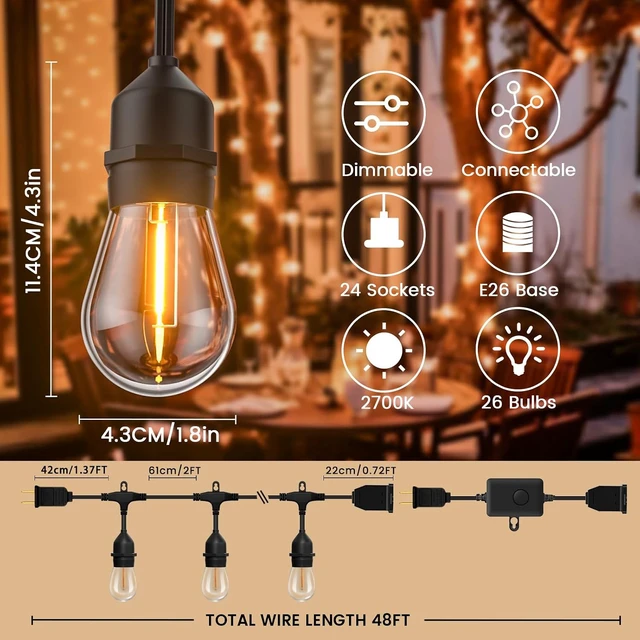 Alt view image 5 of 7 - 48ft Outdoor String Lights, 24+2 Commercial-Grade IP65 Waterproof Bulbs, 2700K Warm White, 3 Modes, Remote & Timer with 30 Cable Ties