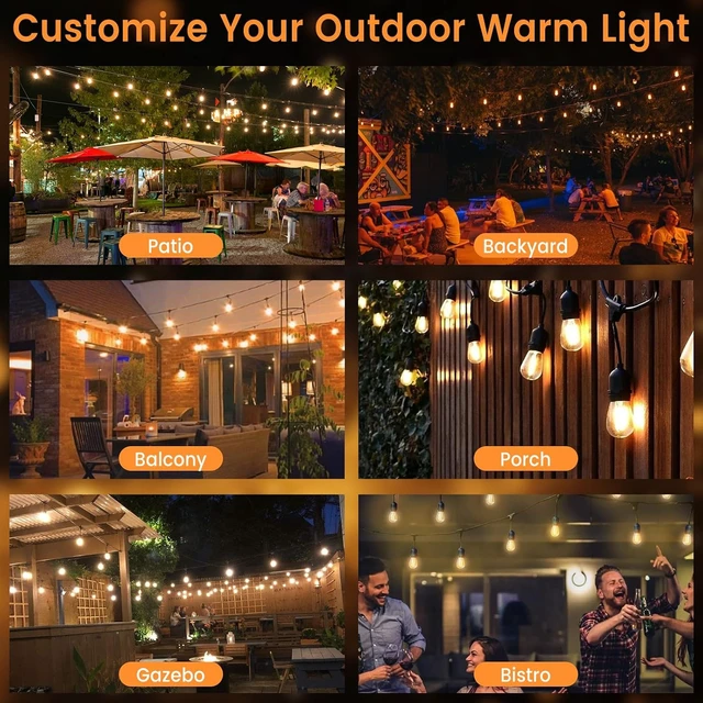 Alt view image 7 of 7 - 48ft Outdoor String Lights, 24+2 Commercial-Grade IP65 Waterproof Bulbs, 2700K Warm White, 3 Modes, Remote & Timer with 30 Cable Ties