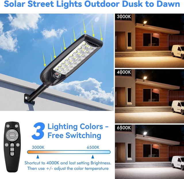 Alt view image 2 of 7 - 30000LM Waterproof Solar Street Light, 3-Color Warm White, Dusk-to-Dawn LED Security Flood Light with Motion Sensor & Remote for Parking Lot & Garden