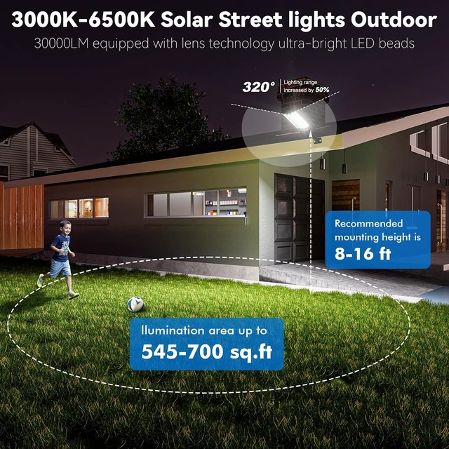 Alt view image 4 of 7 - 30000LM Waterproof Solar Street Light, 3-Color Warm White, Dusk-to-Dawn LED Security Flood Light with Motion Sensor & Remote for Parking Lot & Garden