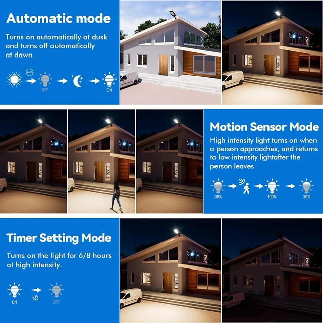 Alt view image 5 of 7 - 30000LM Waterproof Solar Street Light, 3-Color Warm White, Dusk-to-Dawn LED Security Flood Light with Motion Sensor & Remote for Parking Lot & Garden