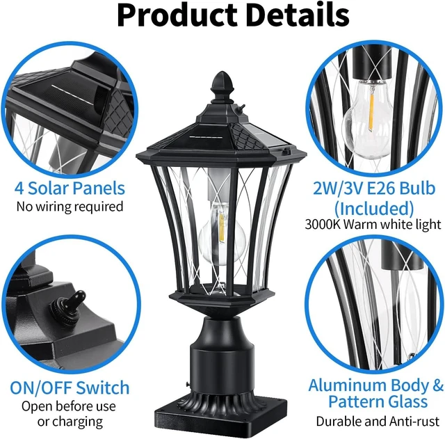 Alt view image 5 of 7 - Black 16" Solar Post Light, Dusk-to-Dawn Lamp Post, 1 Pack