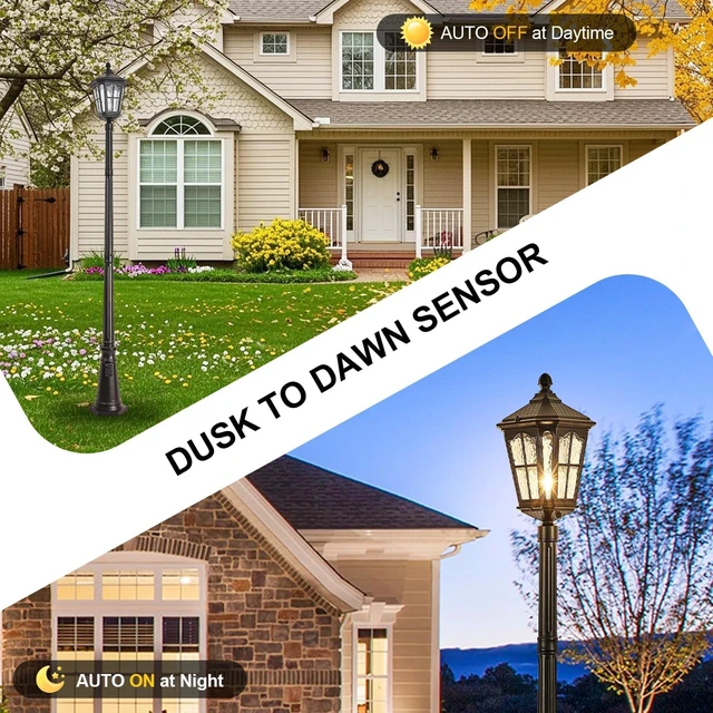 Alt view image 2 of 7 - Dusk-to-Dawn Outdoor Post Light with Outlet, Waterproof Water-Ripple Glass Vintage Black Street Lamp for Garden, Pathway & Yard