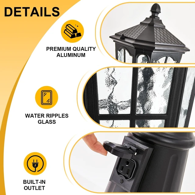 Alt view image 3 of 7 - Dusk-to-Dawn Outdoor Post Light with Outlet, Waterproof Water-Ripple Glass Vintage Black Street Lamp for Garden, Pathway & Yard