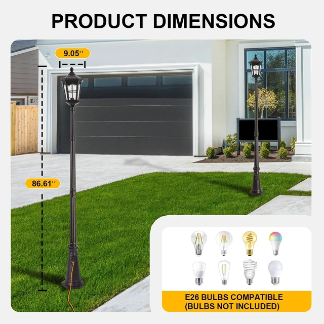 Alt view image 5 of 7 - Dusk-to-Dawn Outdoor Post Light with Outlet, Waterproof Water-Ripple Glass Vintage Black Street Lamp for Garden, Pathway & Yard